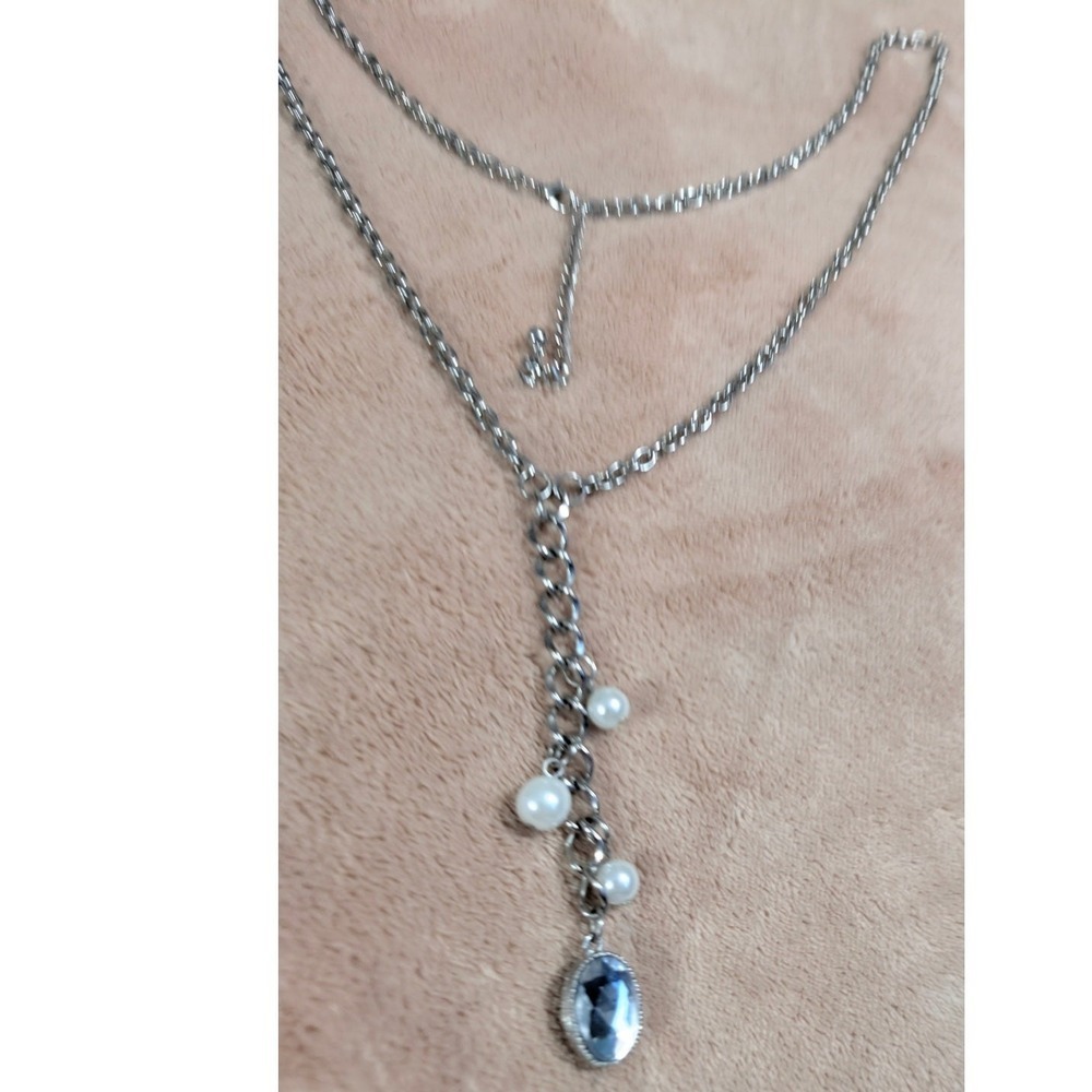 Silvertone Long Chain Link 37" Necklace 4" Pearl Rhinestone Tickler